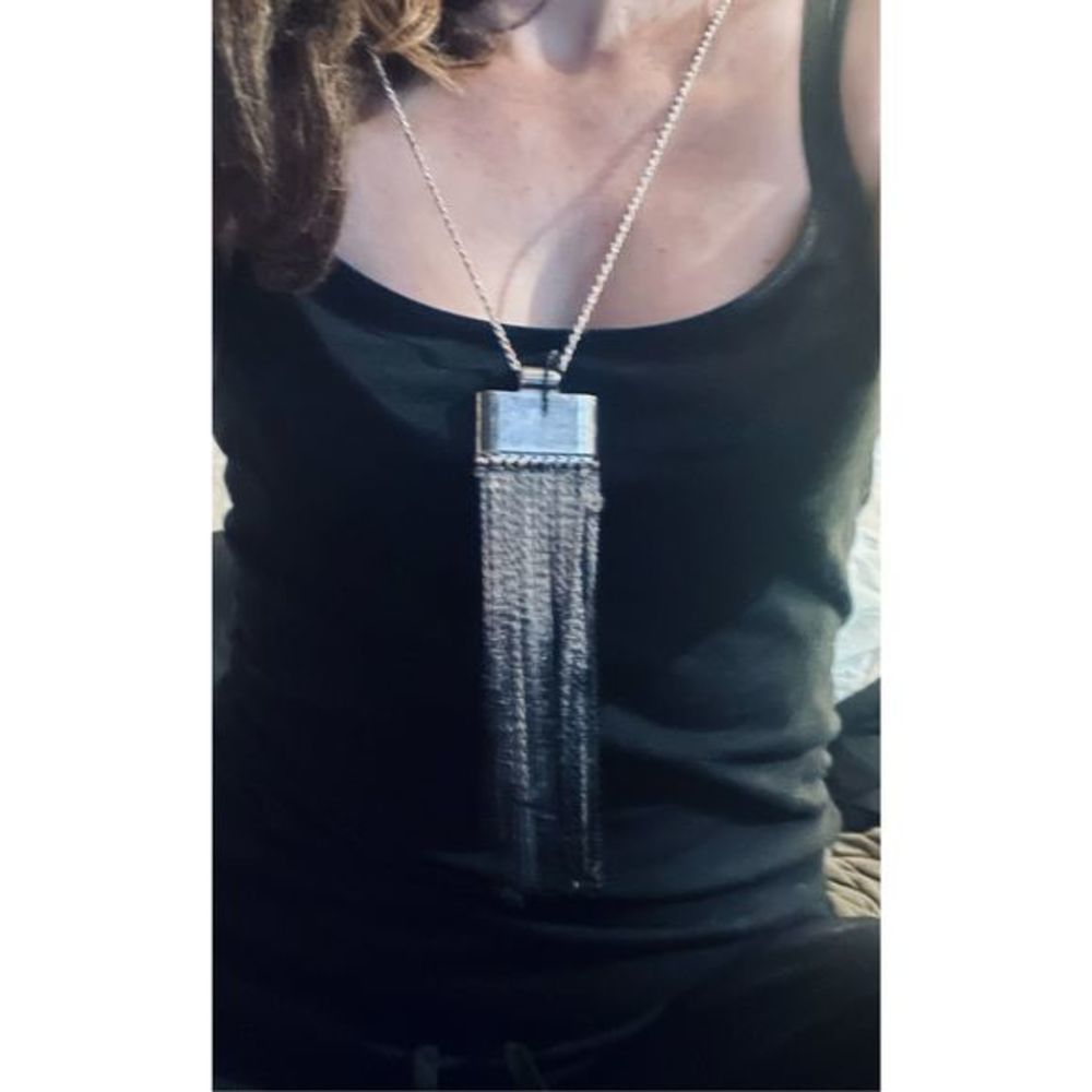Pretty LARGE SILVER BOHO SQUARED TASSEL NECKLACE